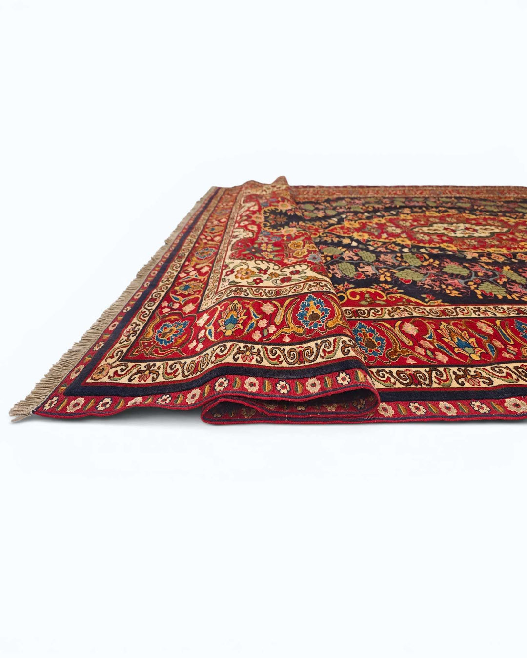 Hand-knotted navy Afghan rug with Kashan central medallion