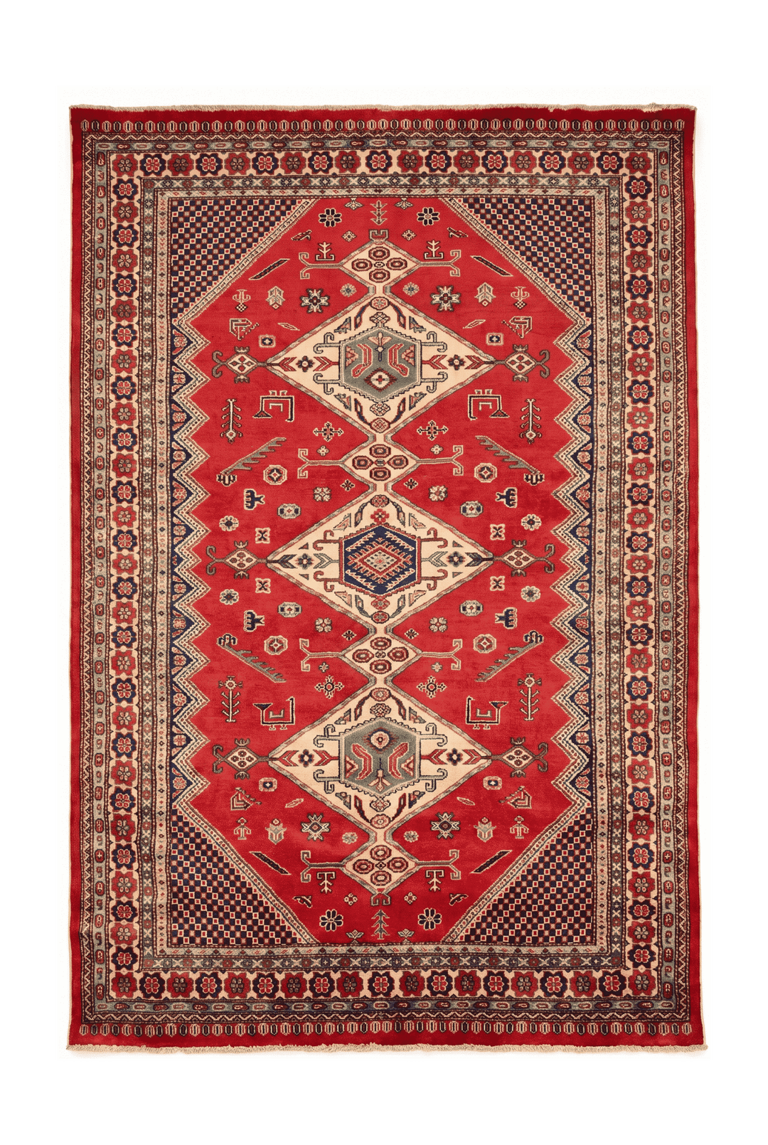 Red and navy Caucasian medallion Afghan Sherwan rug, 142×197cm, 2 tatami