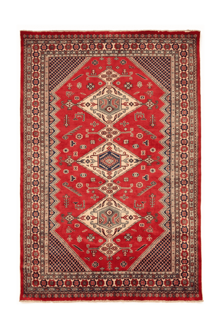 Red and navy Caucasian medallion Afghan Sherwan rug, 142×197cm, 2 tatami