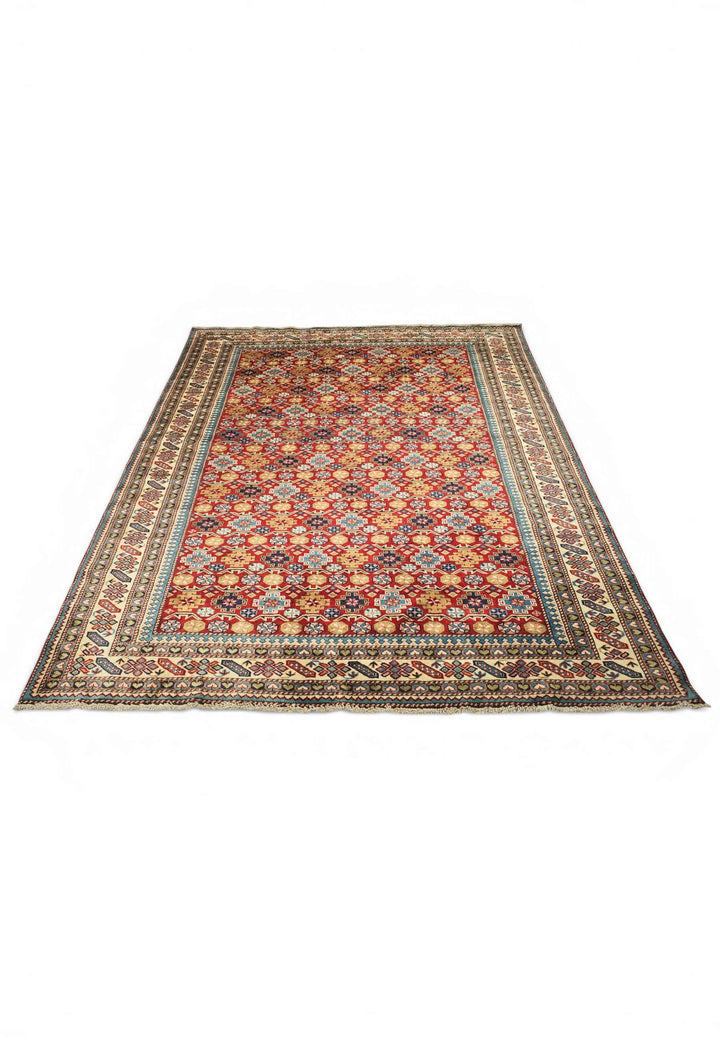 Hand-knotted wool pile of red Shirvan rug, 166×205cm