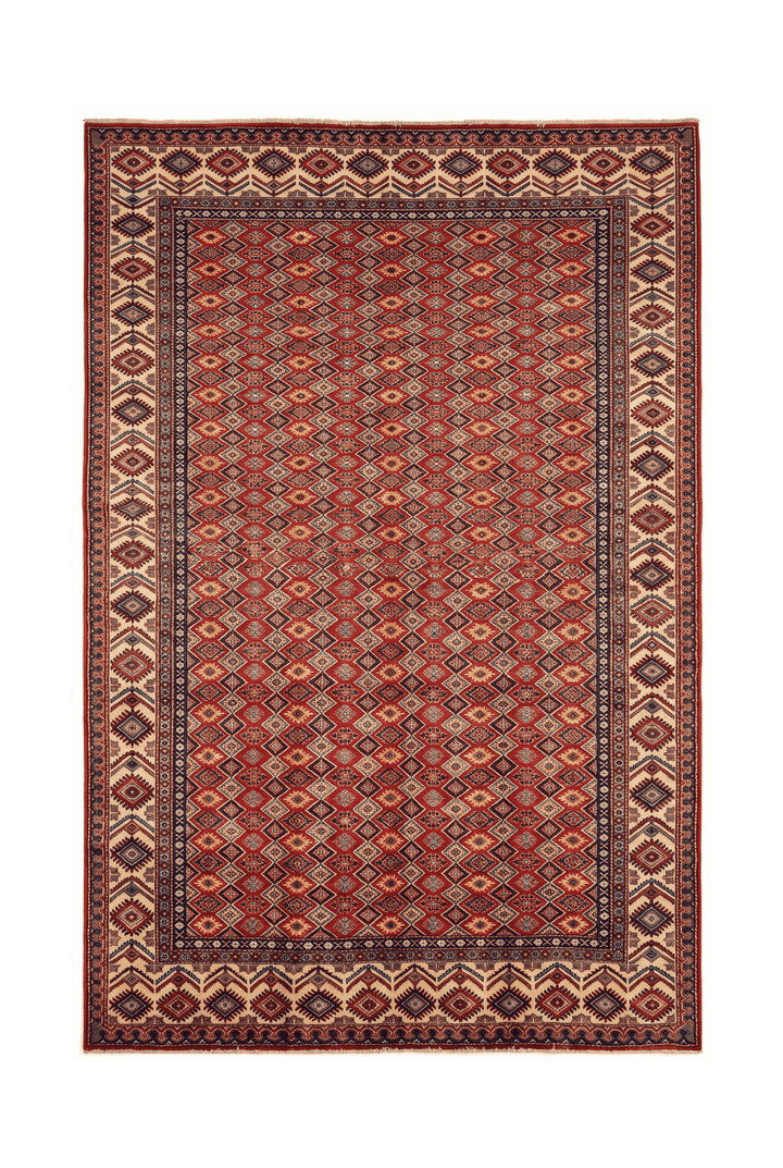 Red all-over diamond lattice Afghan Sherwan rug, 192×279cm, 3 tatami