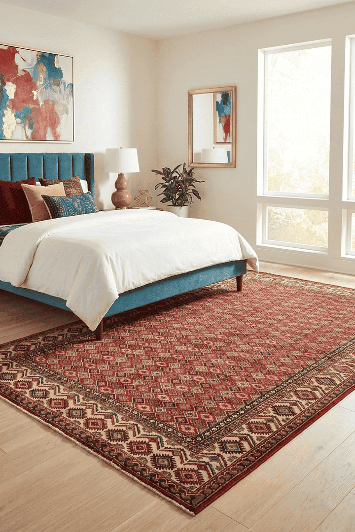 Diamond lattice design in red on Afghan Sherwan wool rug