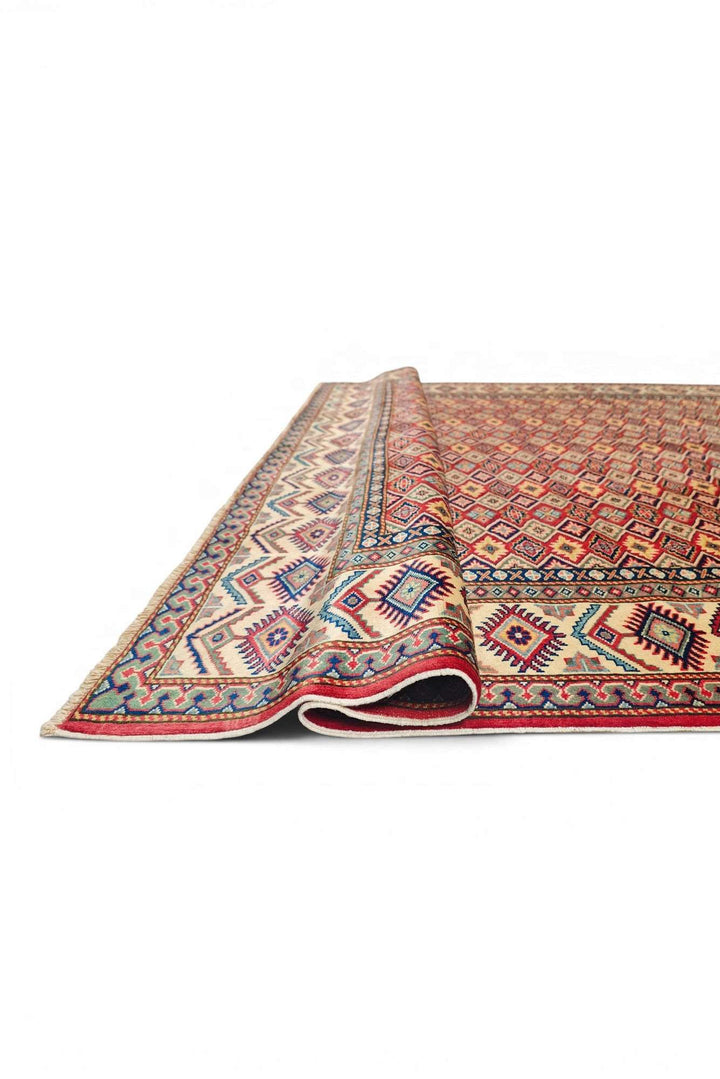 Corner of red diamond lattice Afghan hand-knotted Sherwan rug