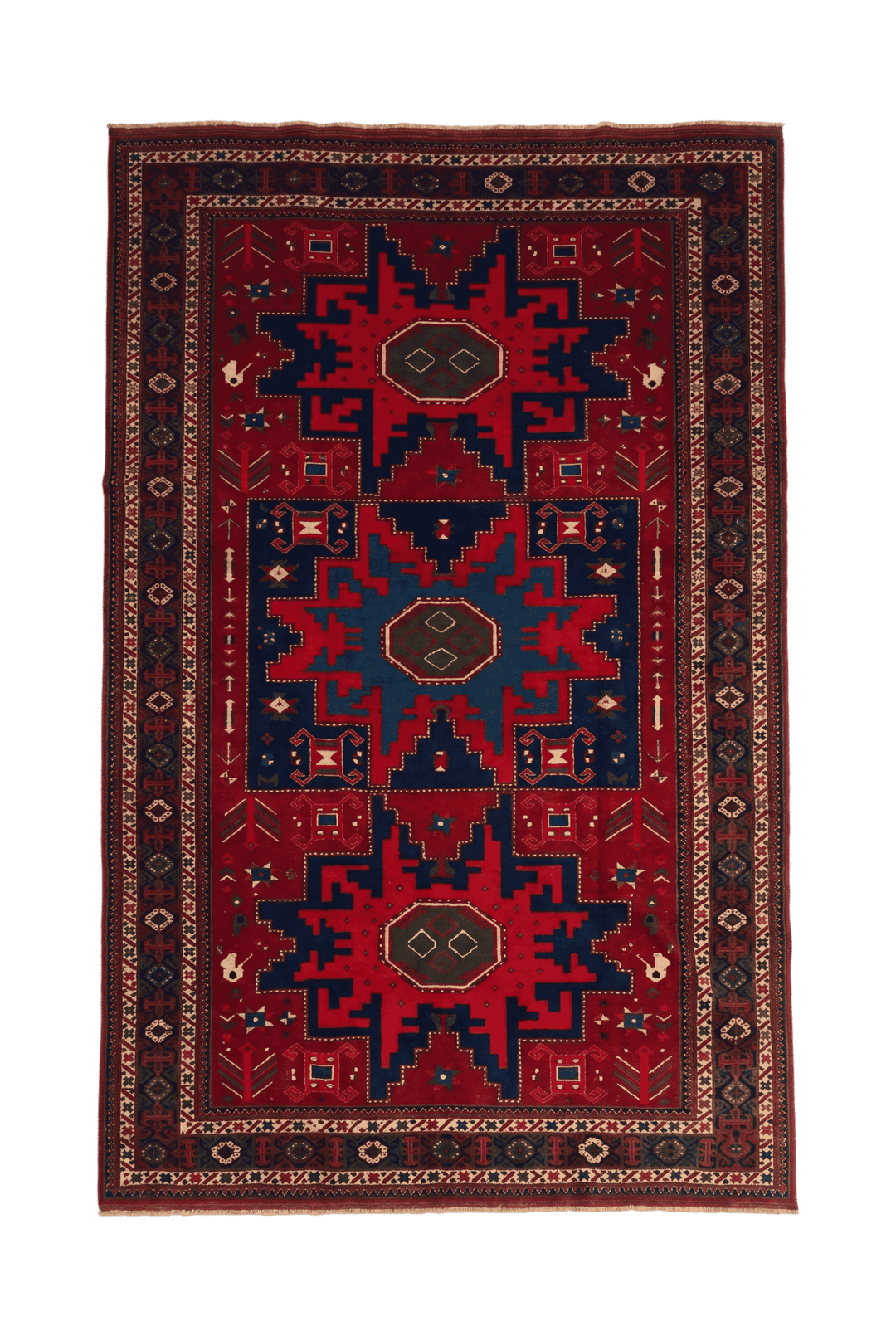 Red and navy Lesghi star Afghan Sherwan rug, hand-knotted wool