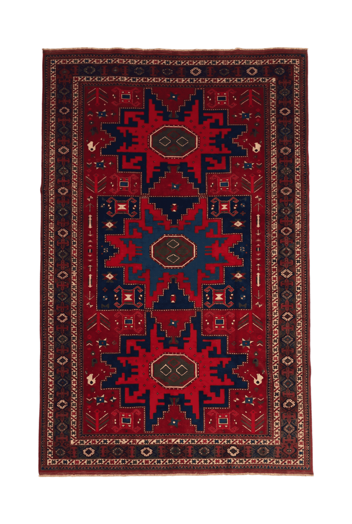 Red and navy Lesghi star Afghan Sherwan rug, hand-knotted wool