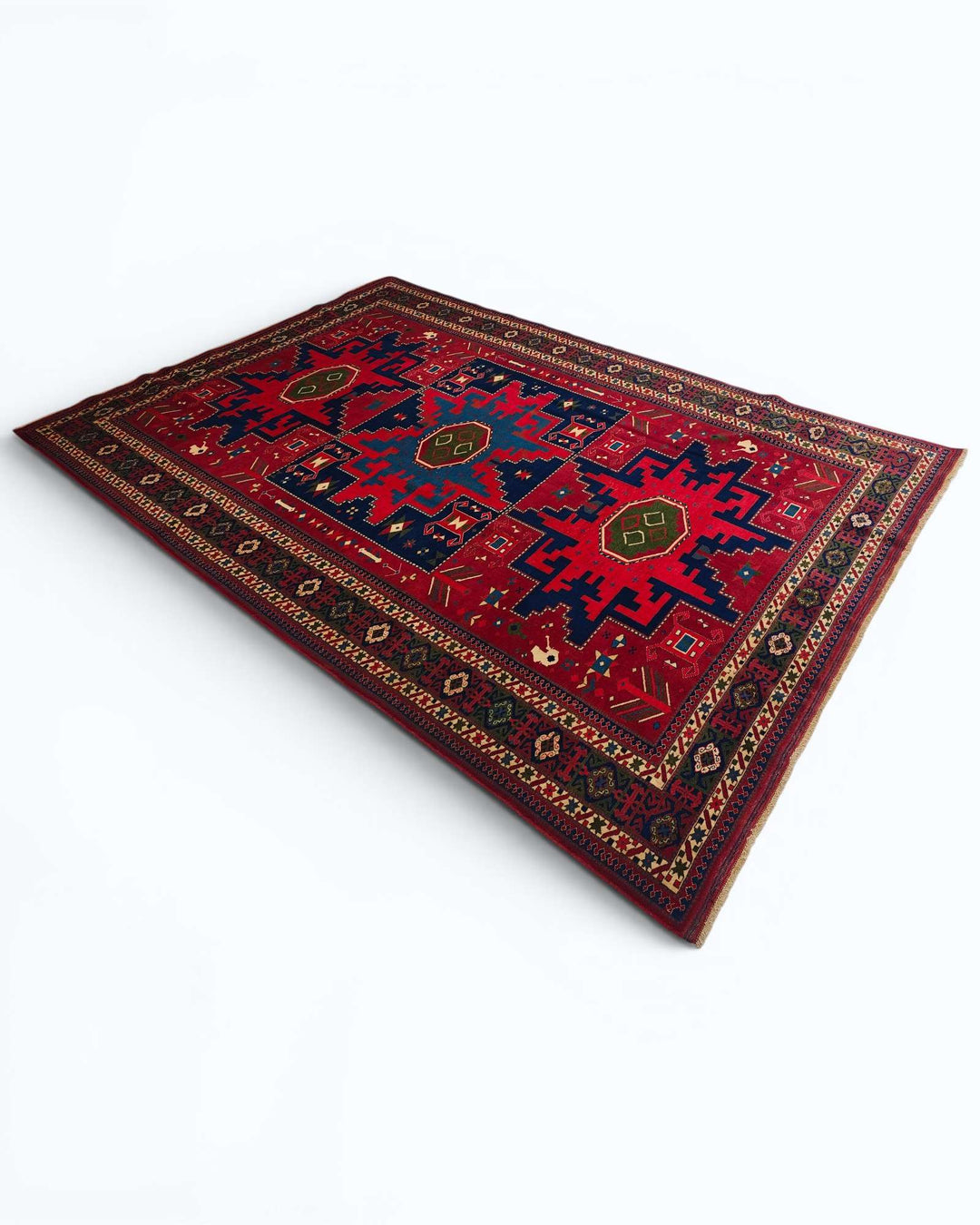 Lesghi star rug in red and navy, hand-knotted Afghan wool
