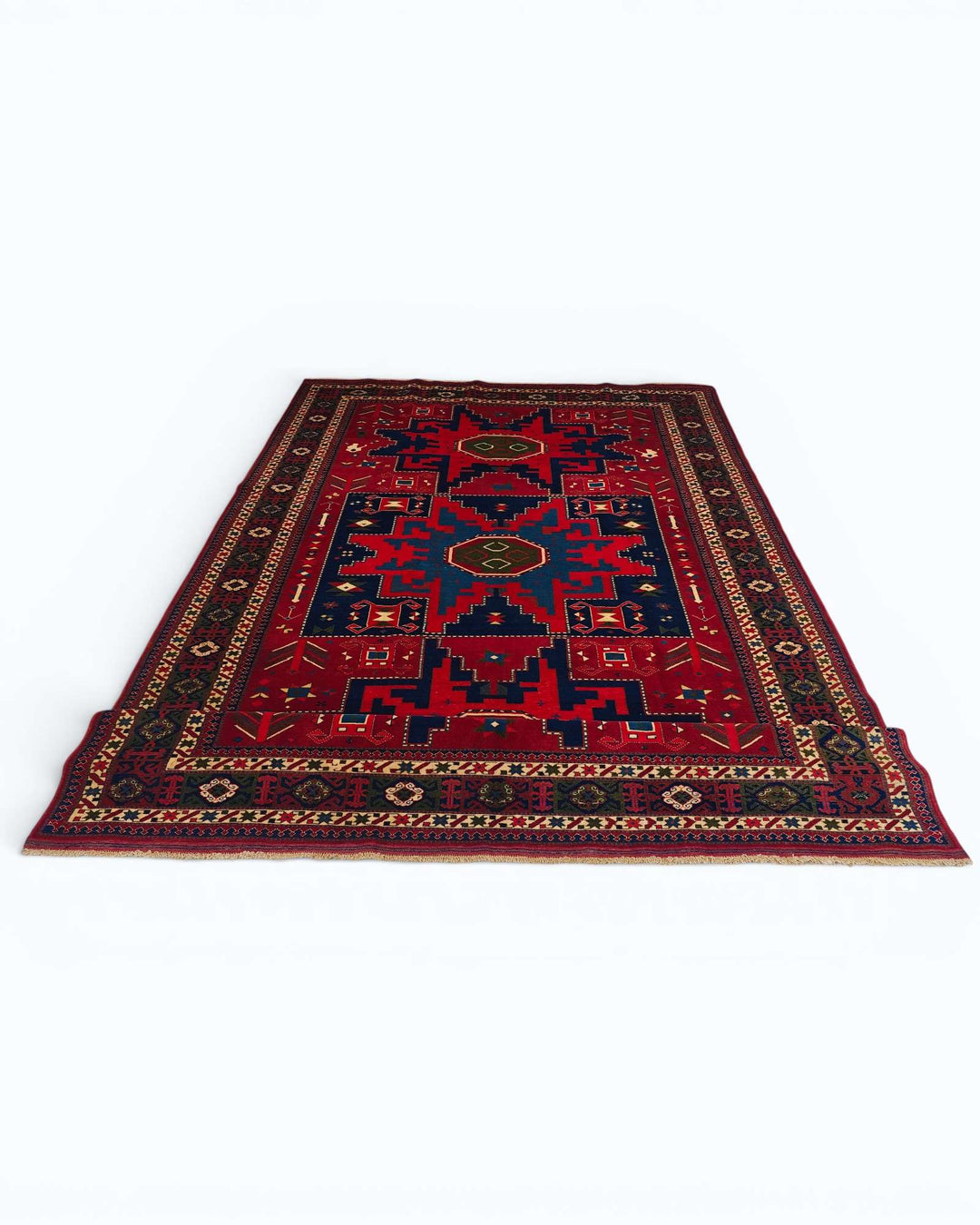 One-of-a-kind red and navy Lesghi star Afghan rug