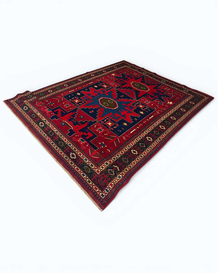 Hand-knotted red Afghan rug with Lesghi Caucasian stars