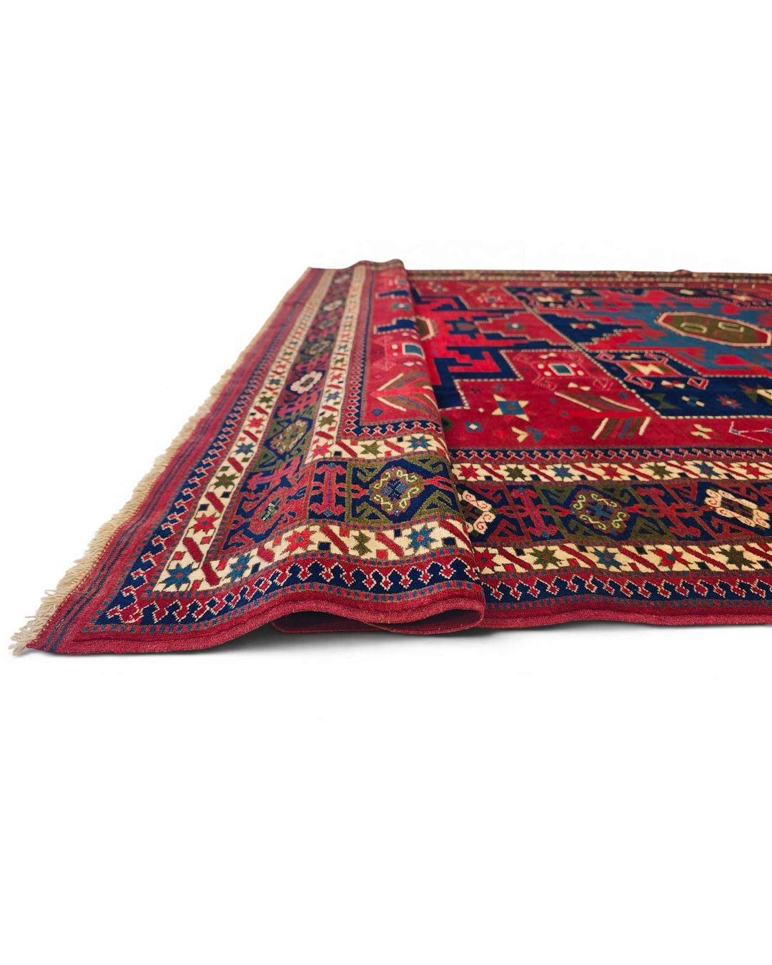 Corner of red and navy Lesghi star Afghan hand-knotted rug