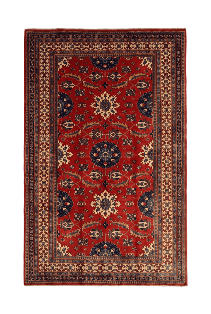Red Afghan Sherwan hand-knotted wool rug, tribal weave