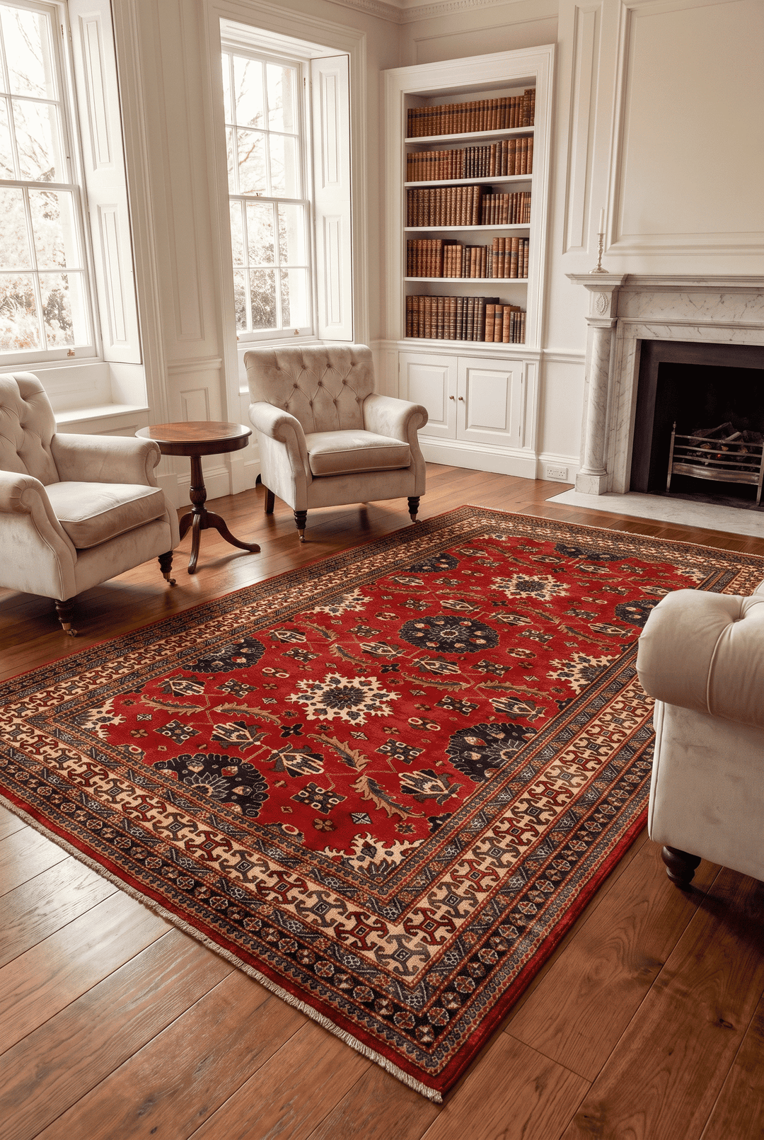 Tribal design detail on red Afghan Sherwan wool rug