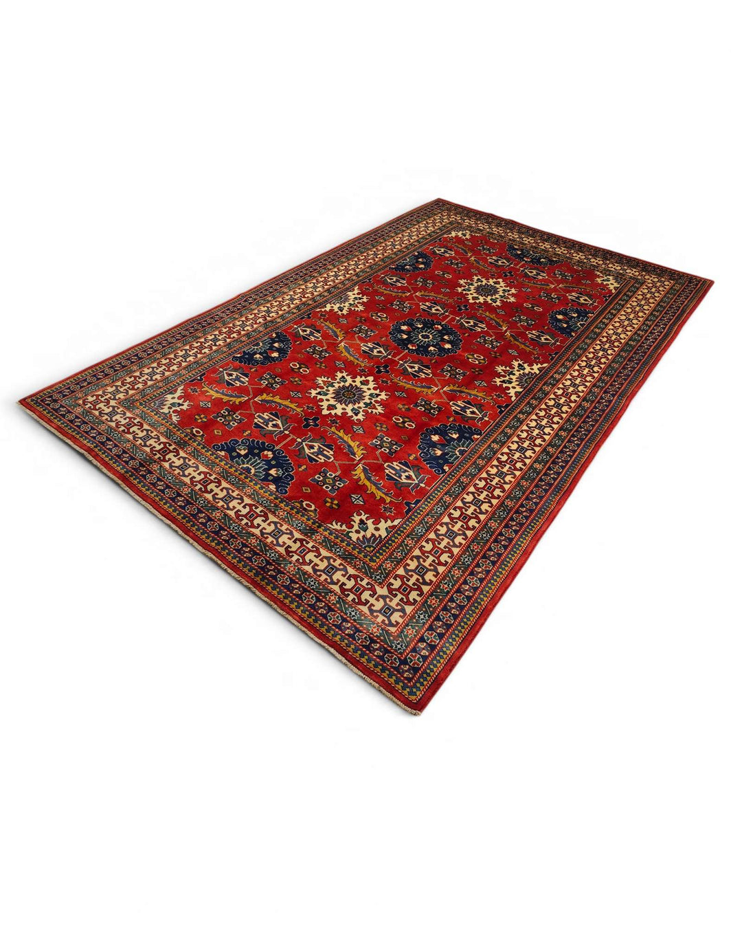 Hand-knotted wool pile of red Afghan Sherwan rug