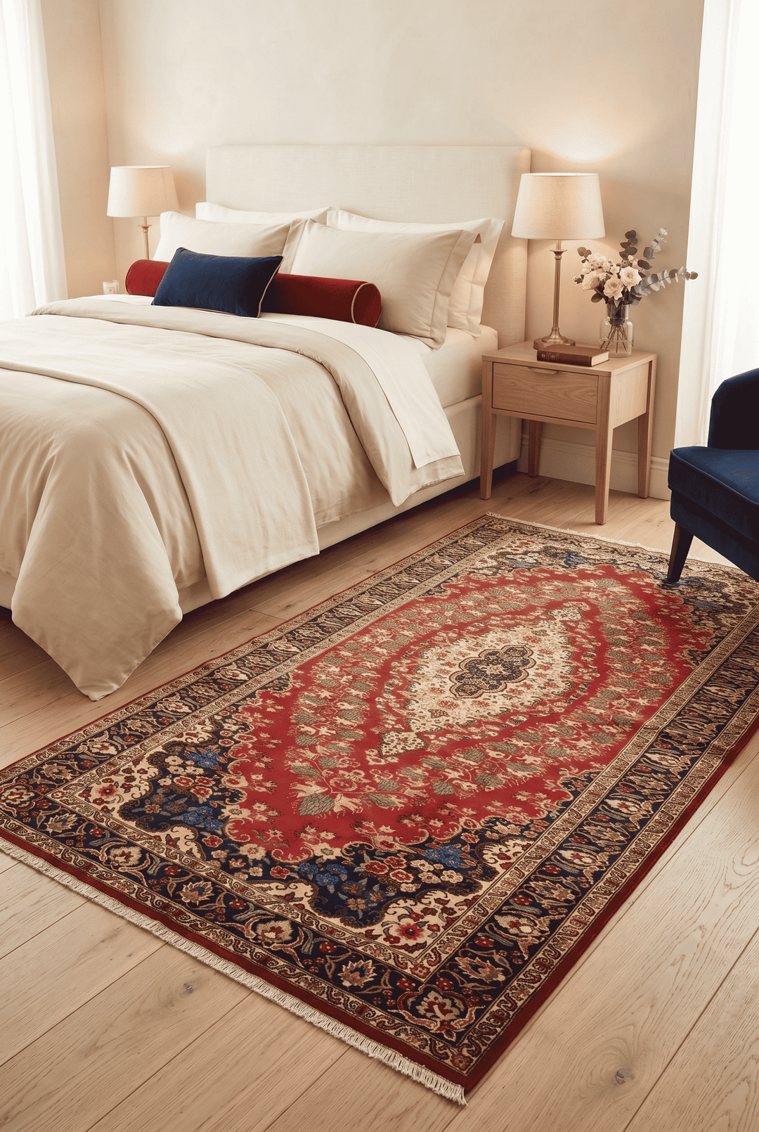 Border detail of red and navy floral hand-knotted Afghan rug