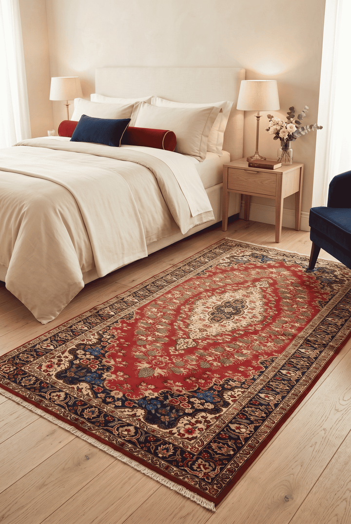 Border detail of red and navy floral hand-knotted Afghan rug