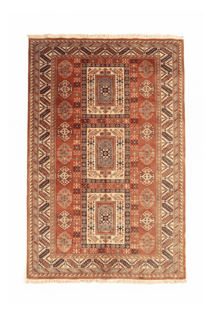 Multicolour tribal medallion Afghan Sherwan rug, 135×168cm, 1.5 tatami