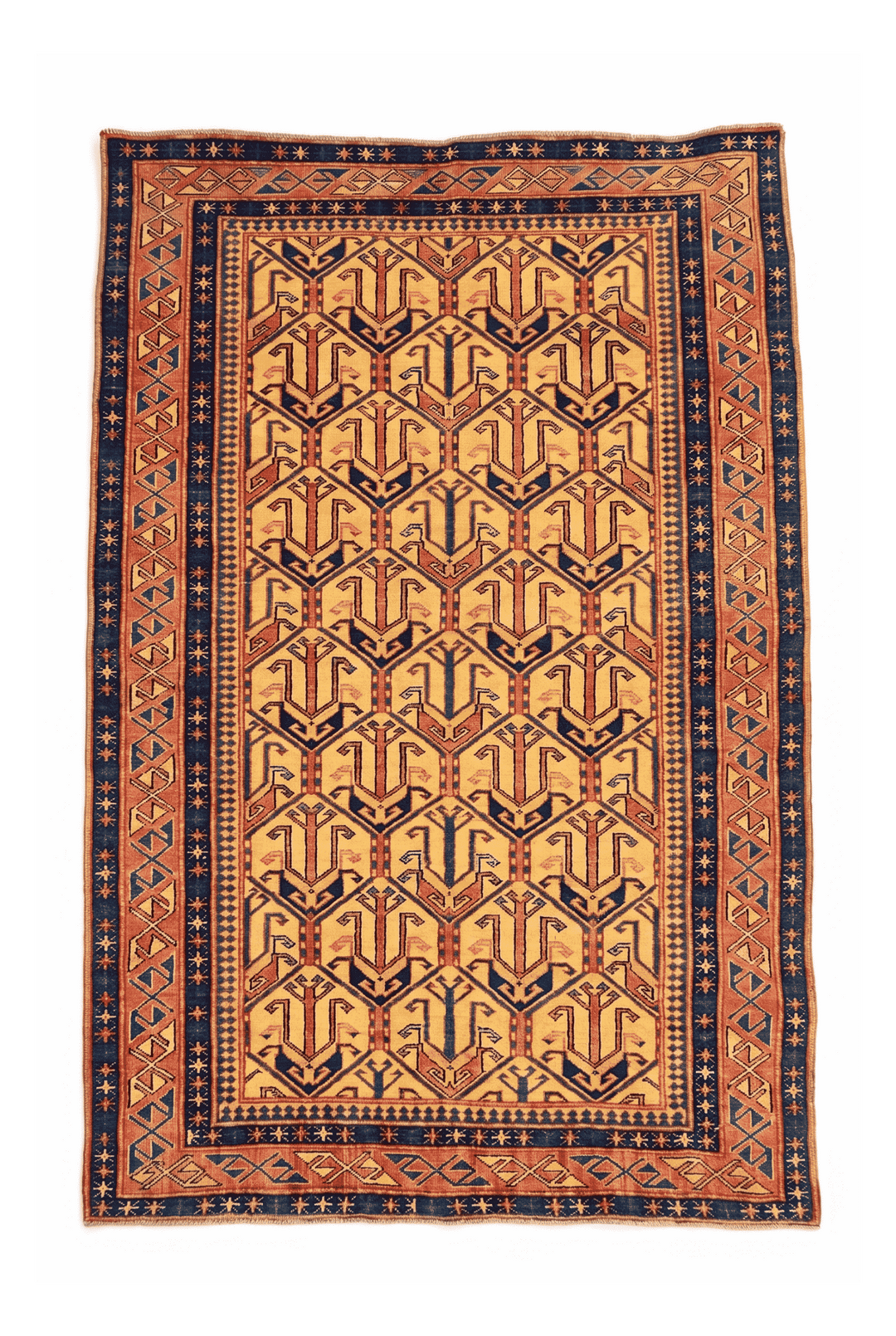 Gold and navy Caucasian Afghan Sherwan rug, 122×159cm, accent size