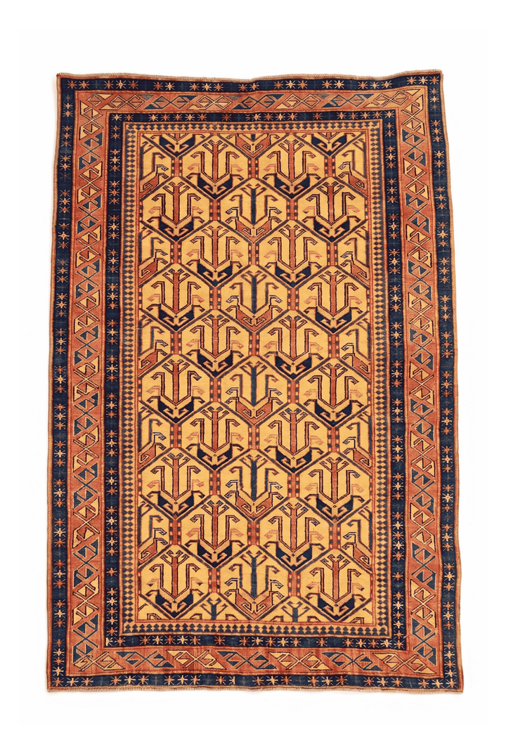 Gold and navy Caucasian Afghan Sherwan rug, 122×159cm, accent size