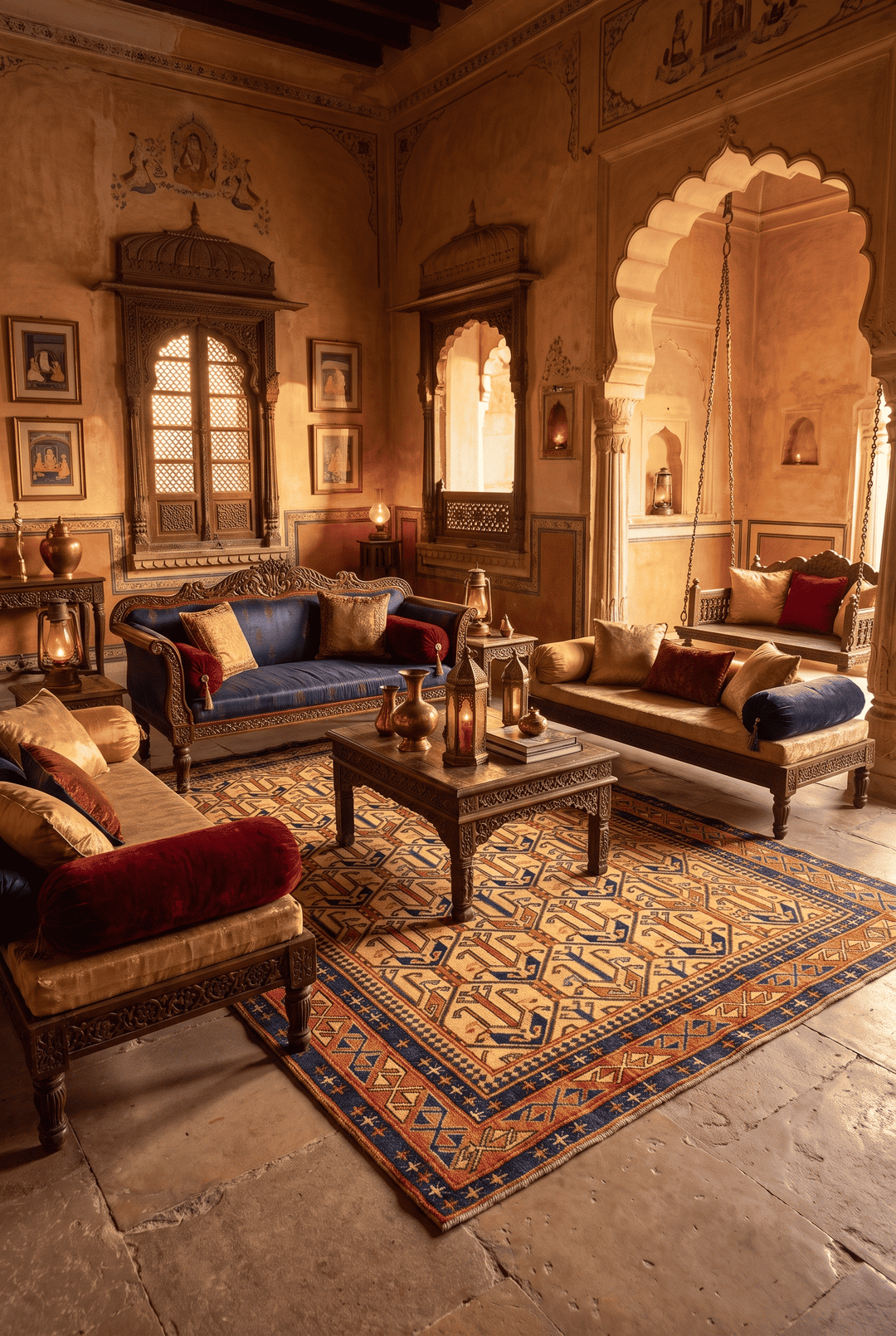 Caucasian design in gold and navy on Afghan Sherwan wool rug