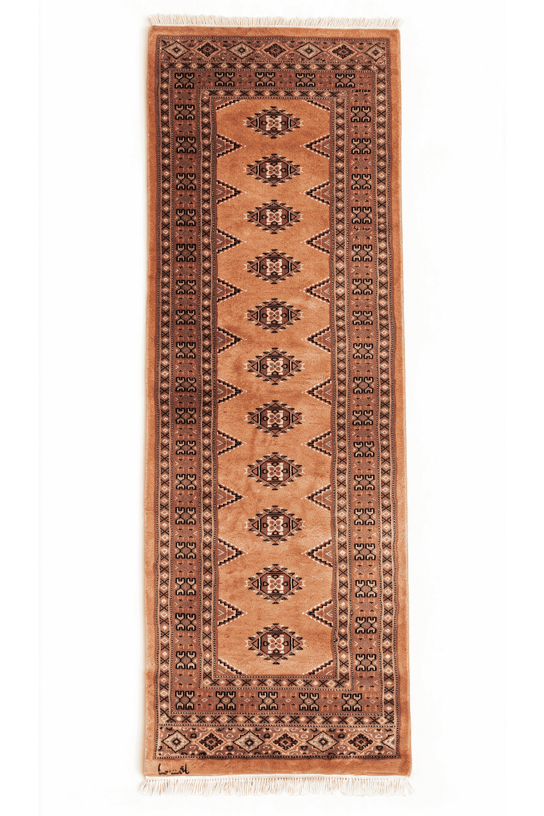 Apricot and rose Yamoud gül rug in wool and silk, 60×174cm, signed
