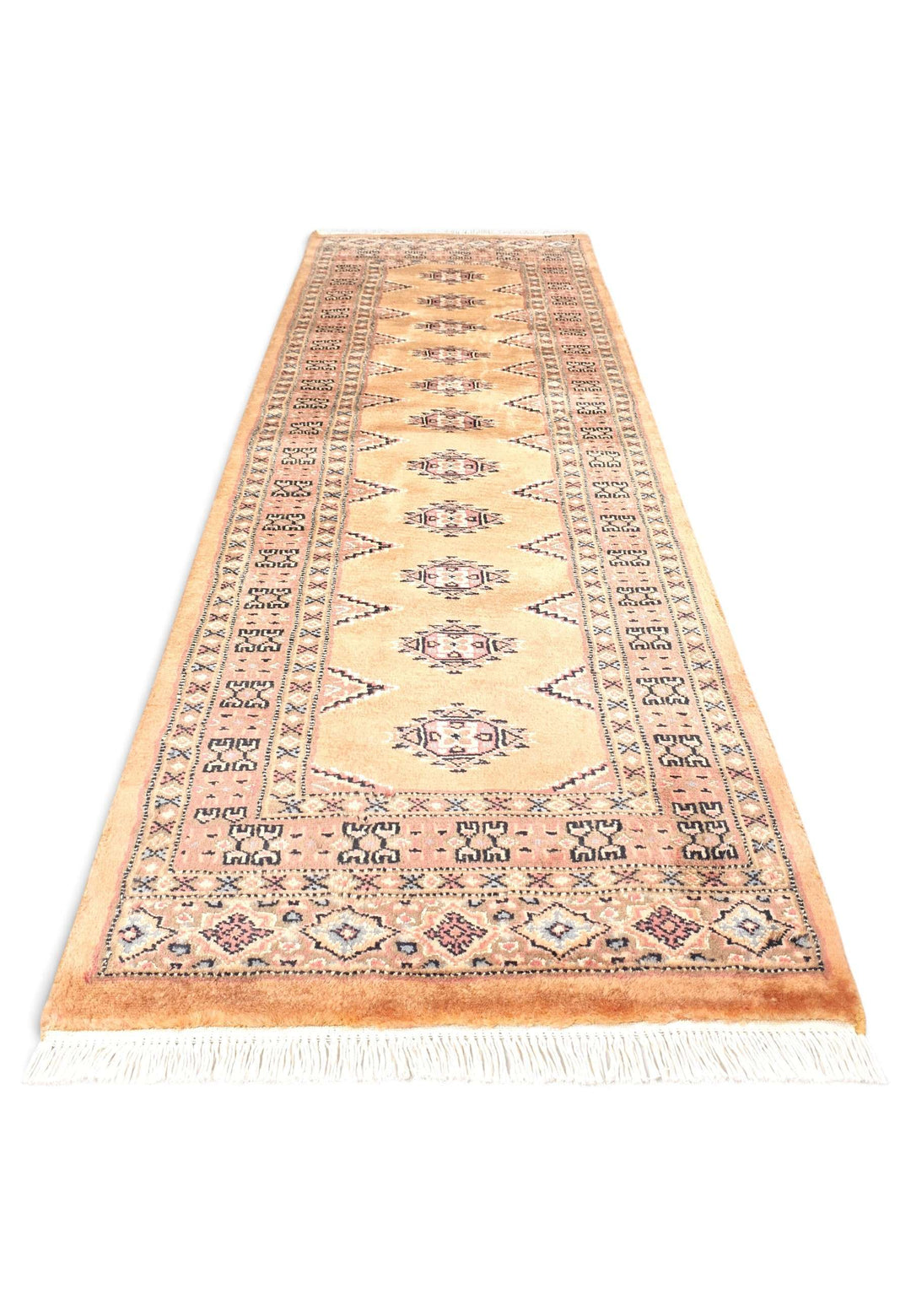 Wool and silk pile of apricot rose Yamoud rug, 60×174cm