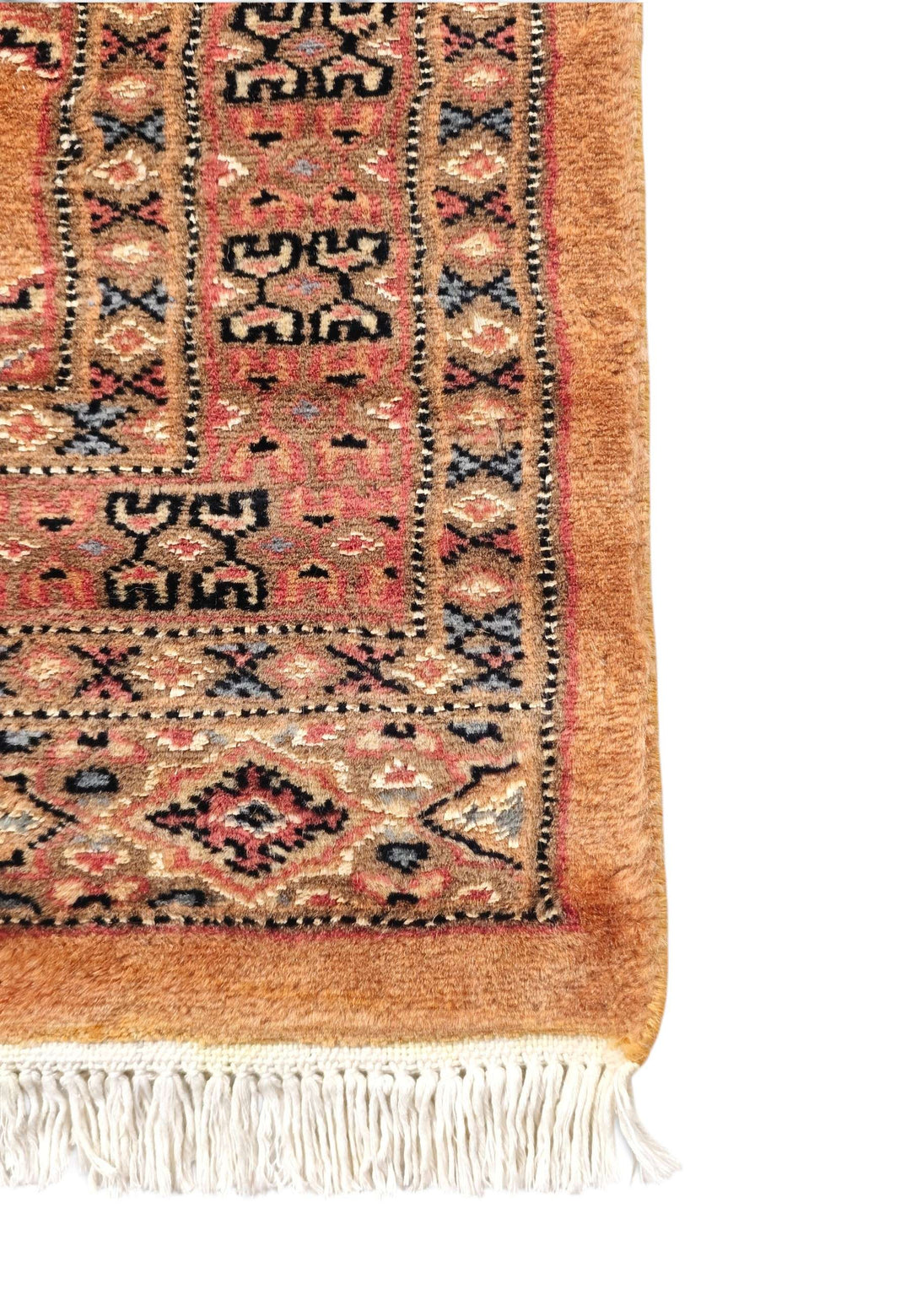 Hand-knotted apricot Yamoud rug with silk Turkmen güls