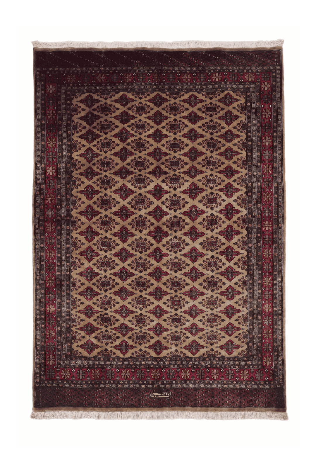 Camel and wine Jaldar diamond lattice rug, 156×216cm, signed