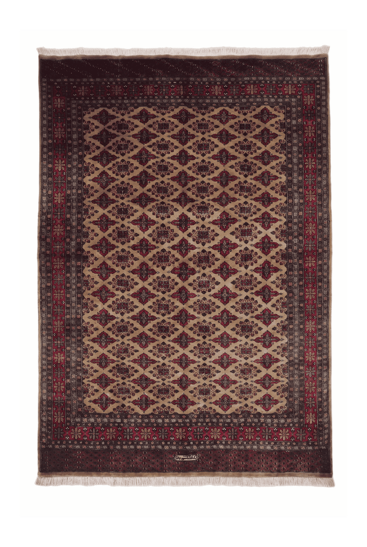 Camel and wine Jaldar diamond lattice rug, 156×216cm, signed