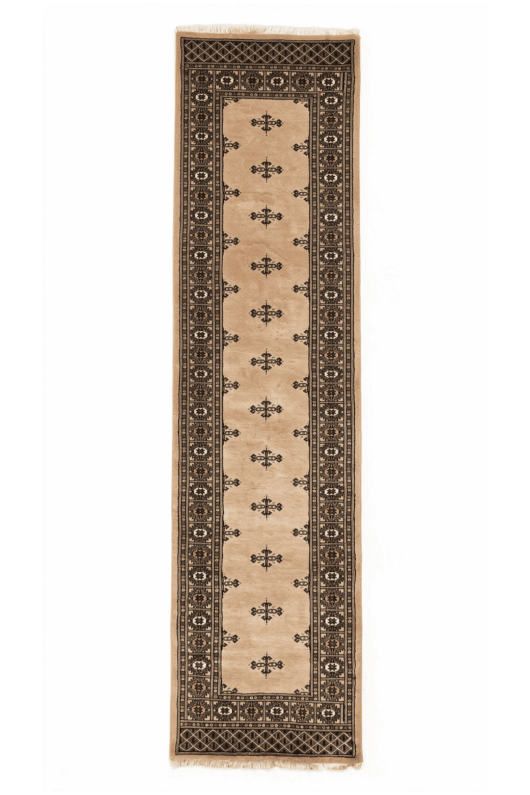 Camel and espresso open field Bokhara runner, 81×305cm, minimal