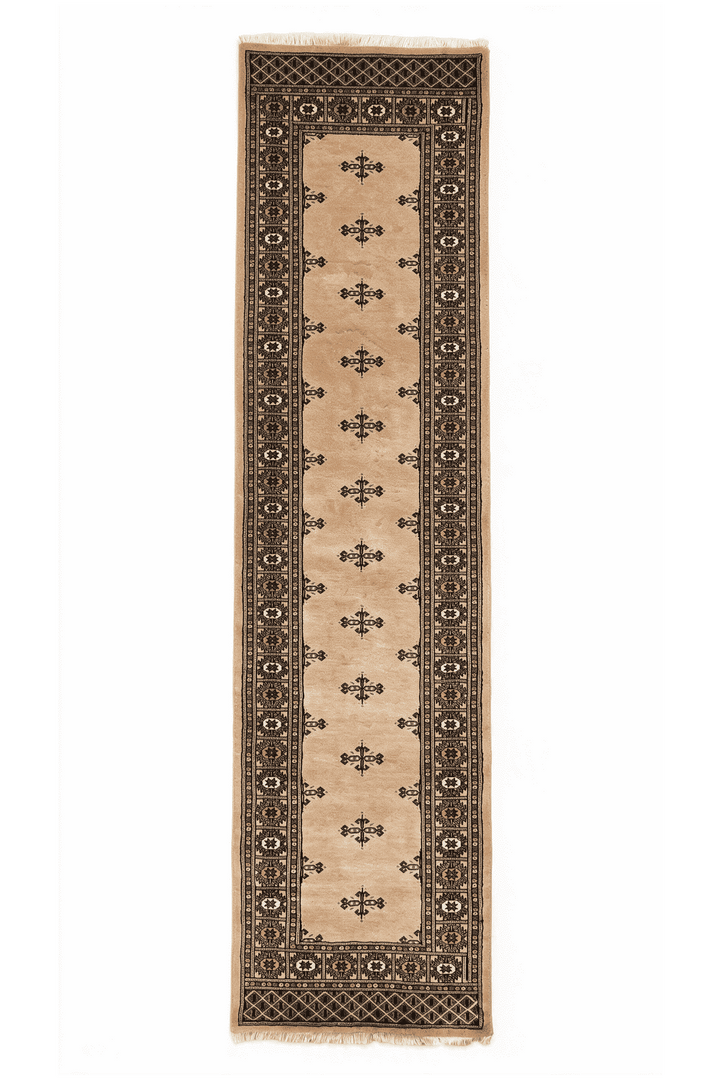 Camel and espresso open field Bokhara runner, 81×305cm, minimal