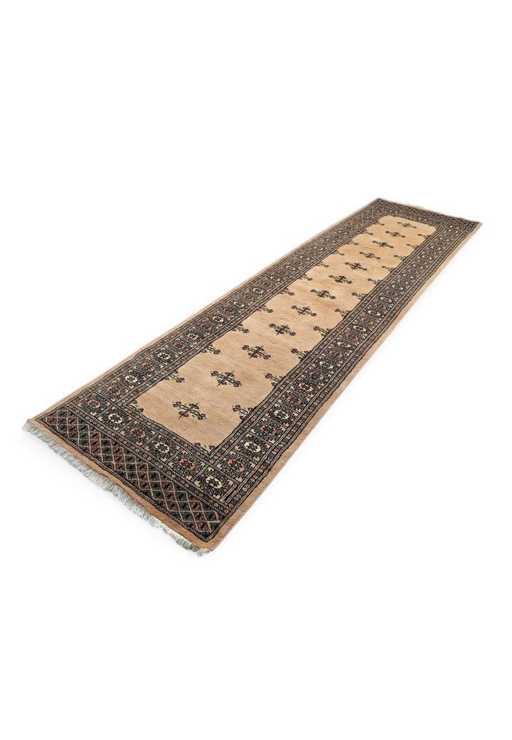 Hand-knotted wool pile of camel espresso runner, 81×305cm