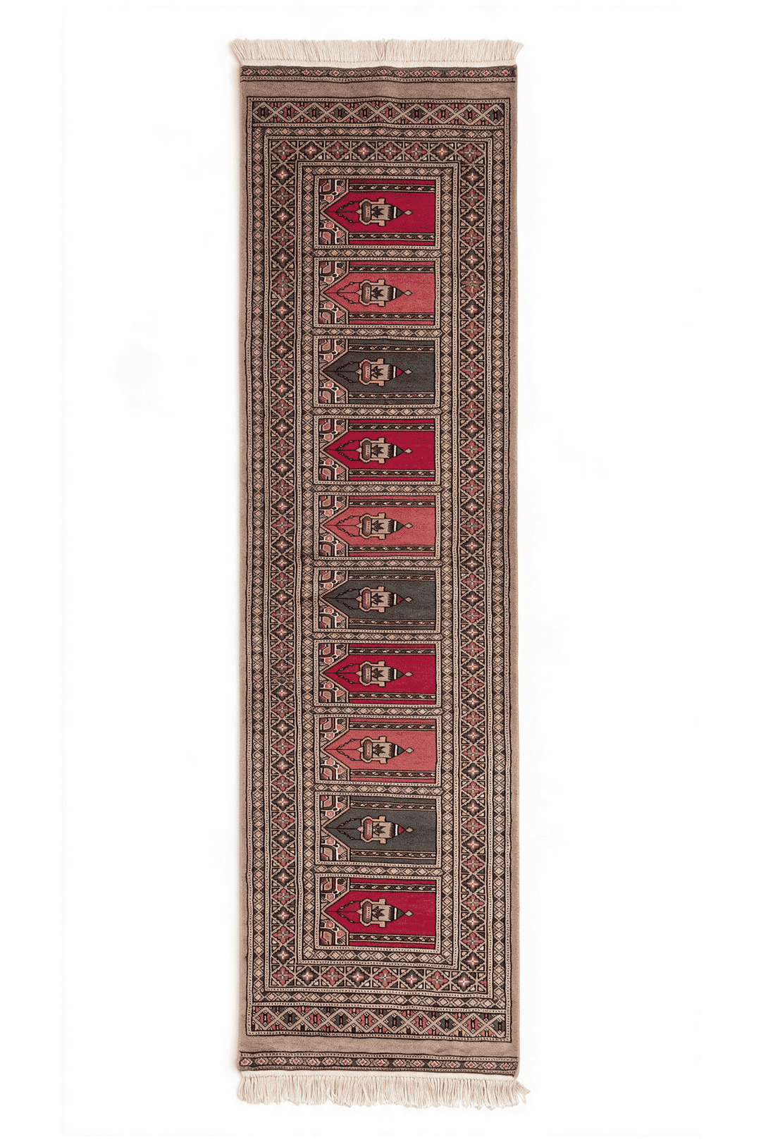 Taupe and rose saf prayer design rug, 62×187cm, entrance mat size