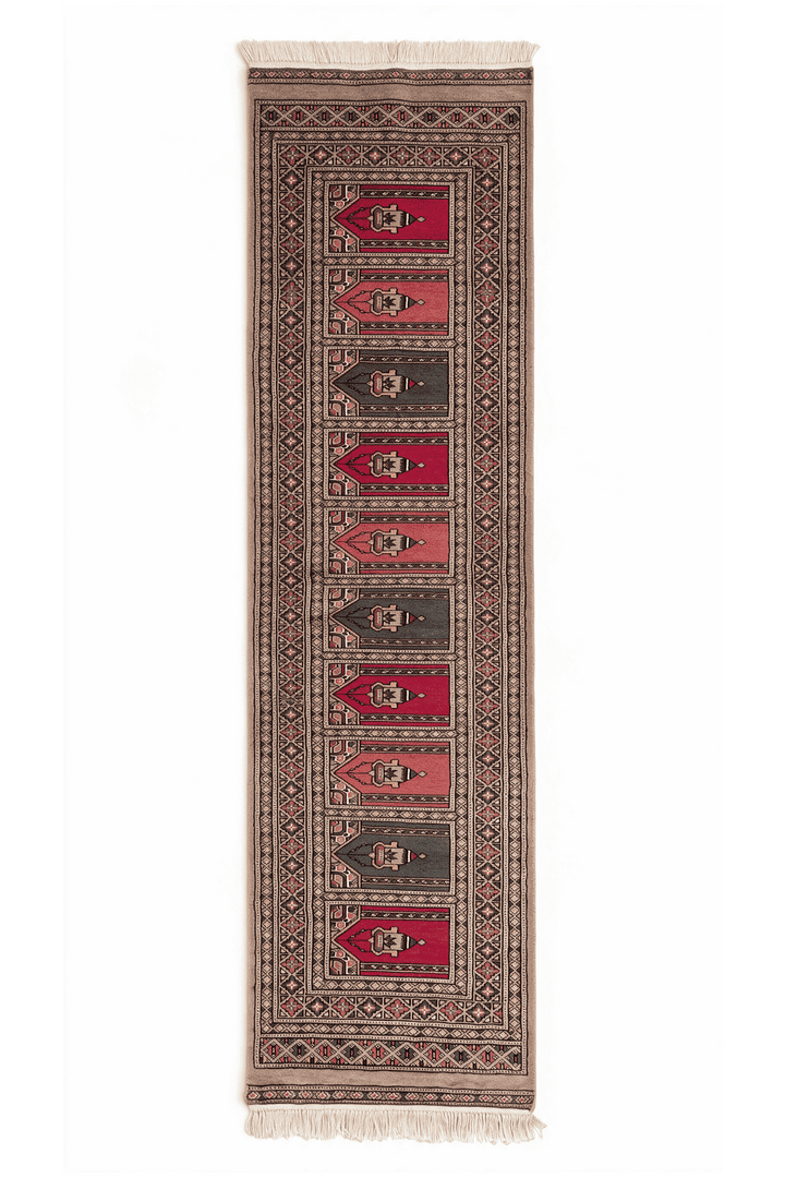 Taupe and rose saf prayer design rug, 62×187cm, entrance mat size
