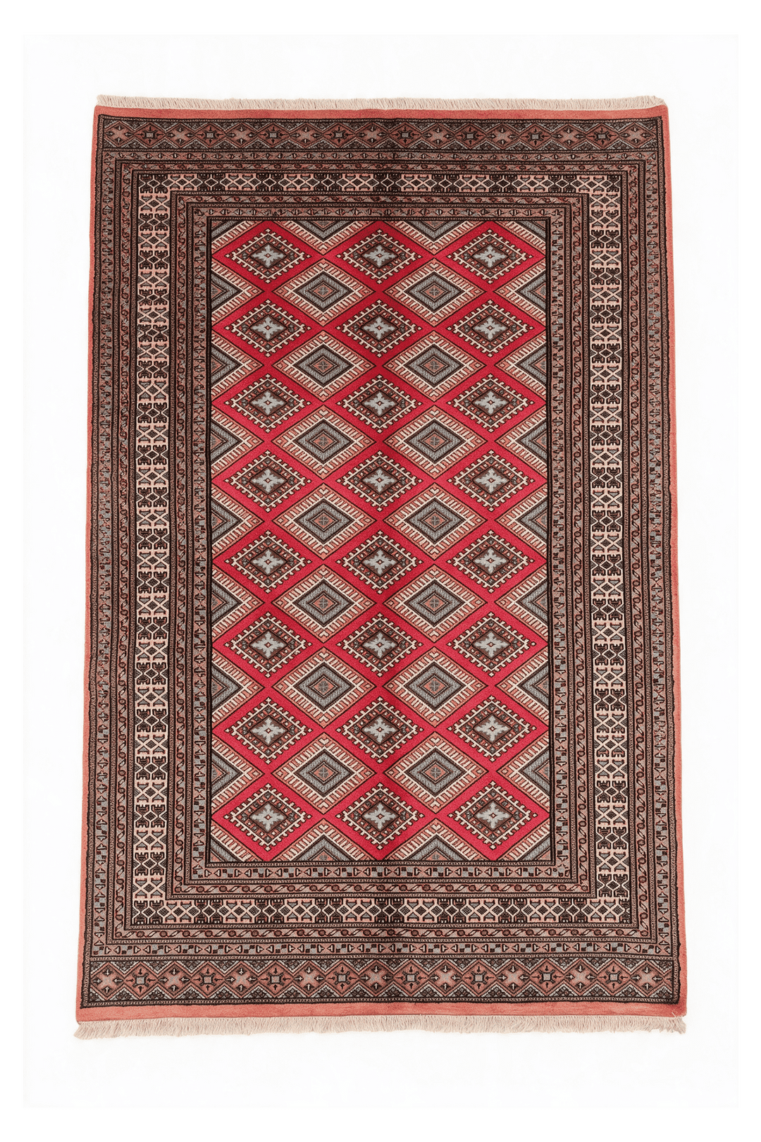Crimson and salmon diamond lattice rug, 156×239cm, about 2 tatami