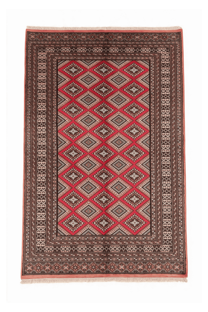 Crimson and salmon diamond lattice rug, 156×239cm, about 2 tatami