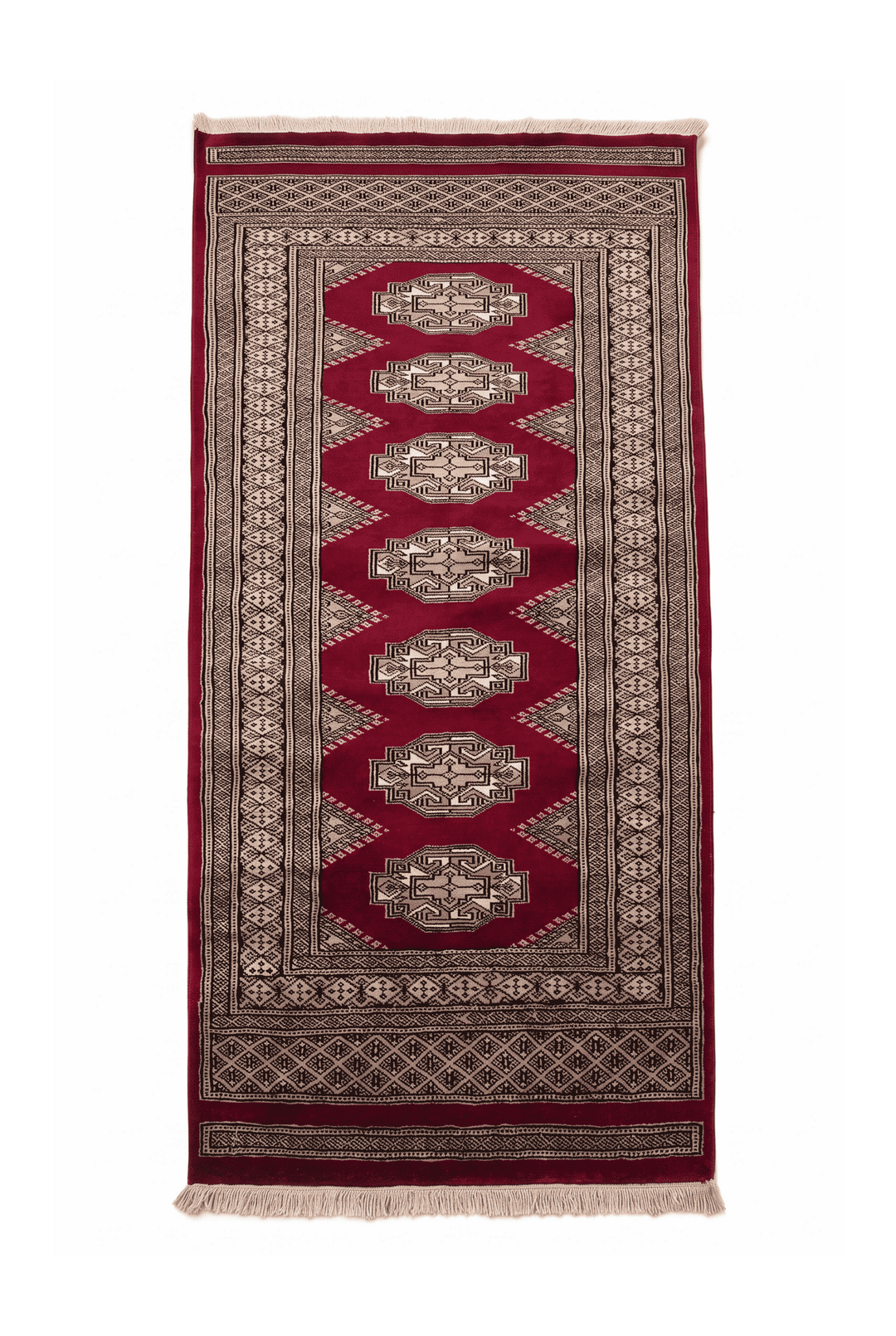 Deep wine red and beige Yamoud hand-knotted wool rug, 71×154cm, entrance mat size