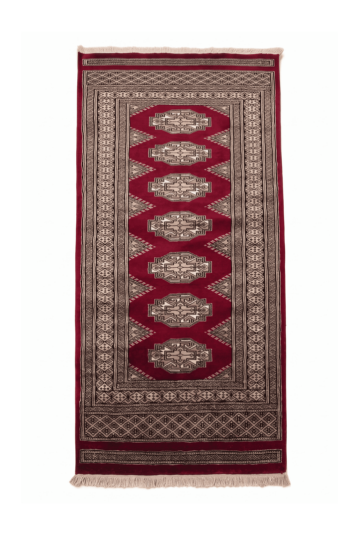 Deep wine red and beige Yamoud hand-knotted wool rug, 71×154cm, entrance mat size