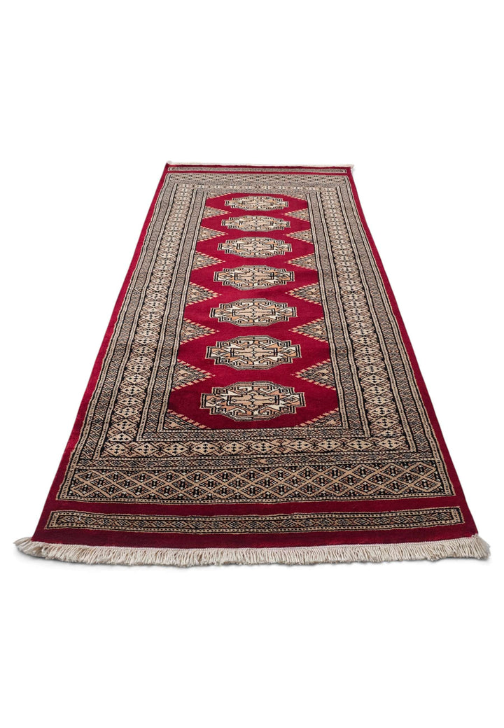 Hand-knotted wool pile of deep wine Yamoud rug, 71×154cm