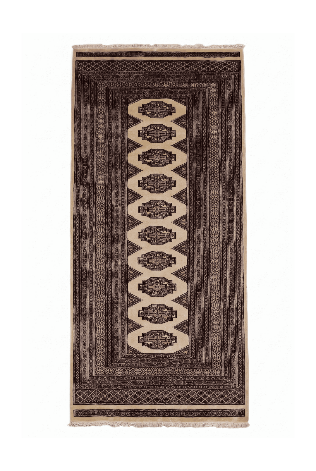 Beige and brown Yamoud hand-knotted wool rug, 104×197cm, about 1.5 tatami