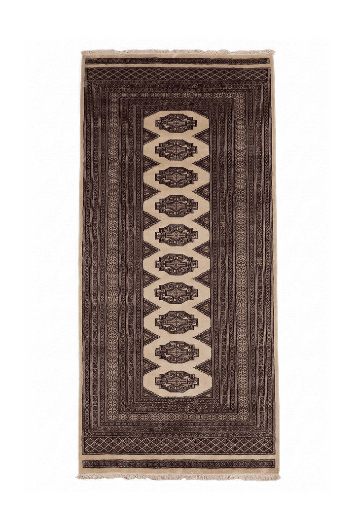 Beige and brown Yamoud hand-knotted wool rug, 104×197cm, about 1.5 tatami