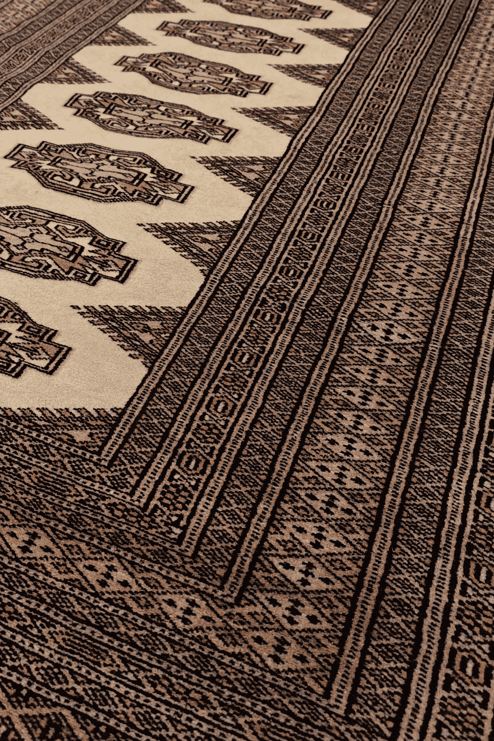 Turkmen Yamoud motifs in beige and brown on wool rug