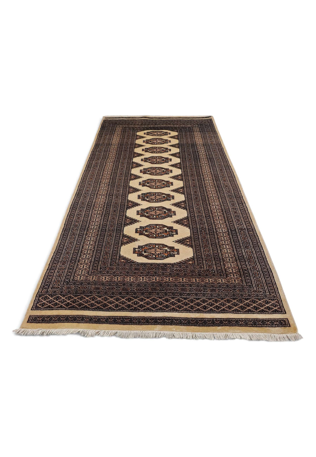 Border detail of beige and brown hand-knotted Yamoud rug