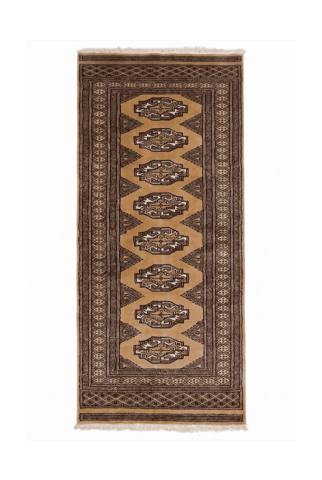 Golden tan and beige Yamoud hand-knotted wool rug, 69×156cm, entrance mat size
