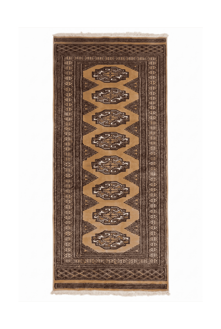 Golden tan and beige Yamoud hand-knotted wool rug, 69×156cm, entrance mat size