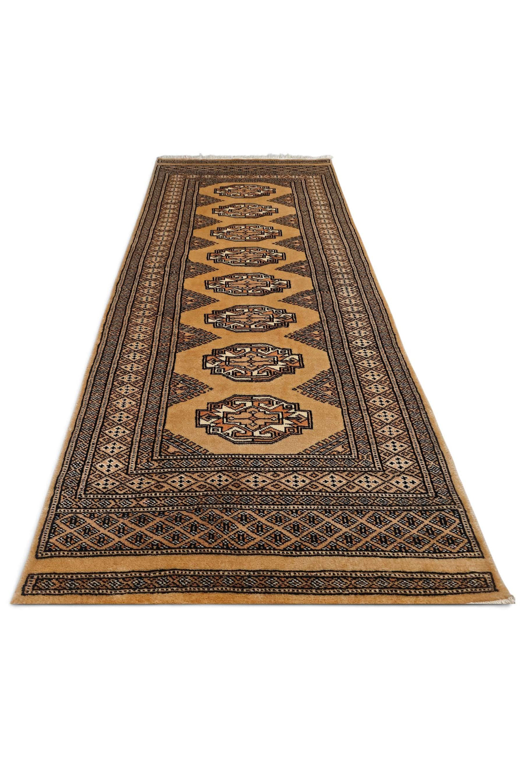 Border detail of golden tan and beige hand-knotted Yamoud rug