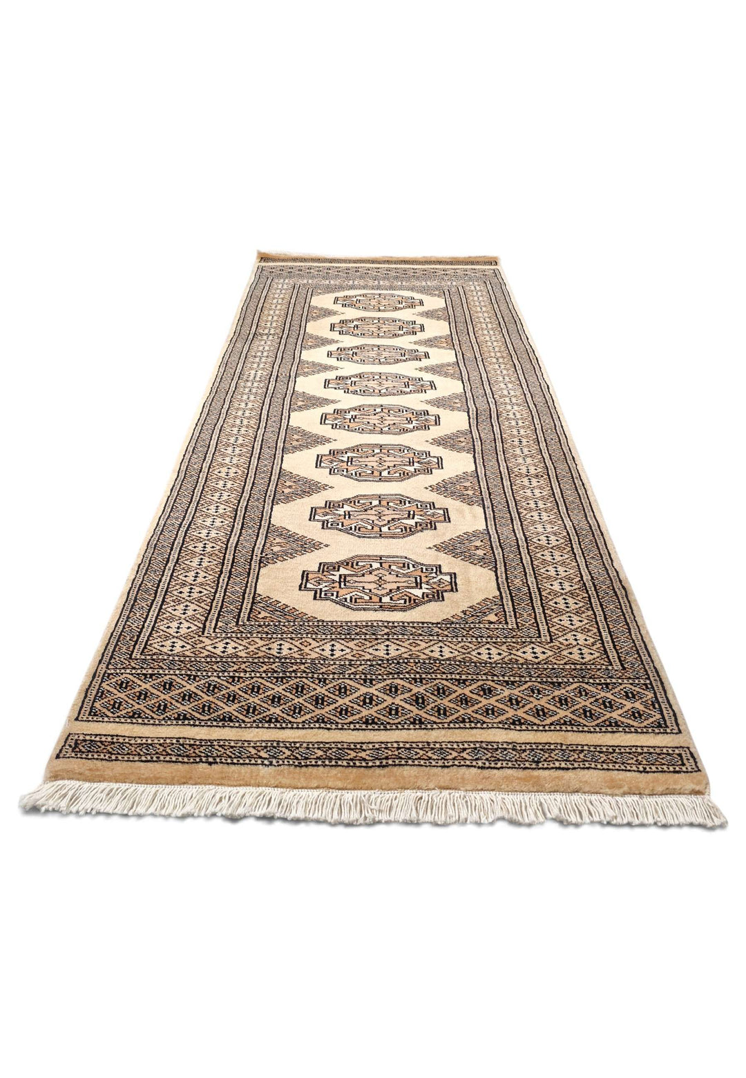 Hand-knotted wool pile of golden tan Yamoud rug, 69×156cm
