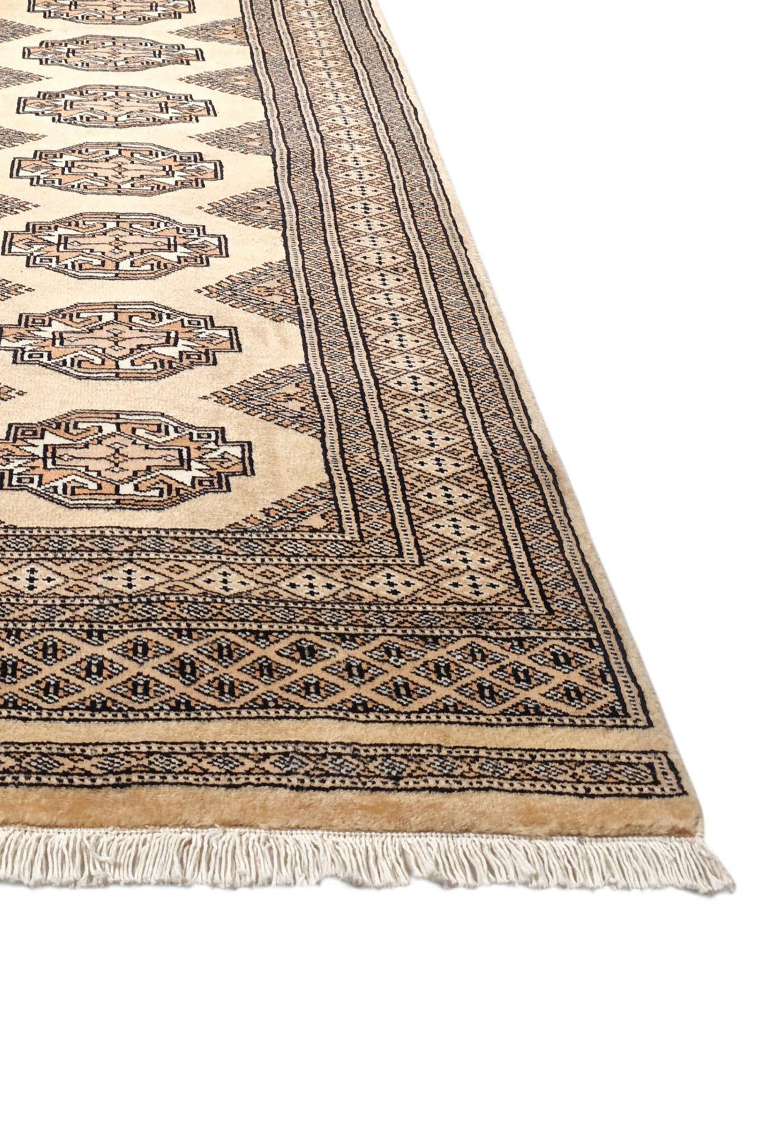 Hand-knotted golden tan Yamoud rug with Turkmen design