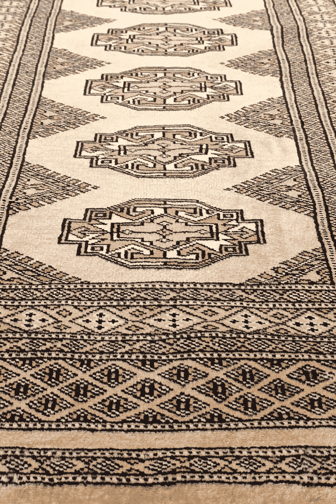 Golden tan and beige hand-knotted Yamoud wool rug, 69×156cm
