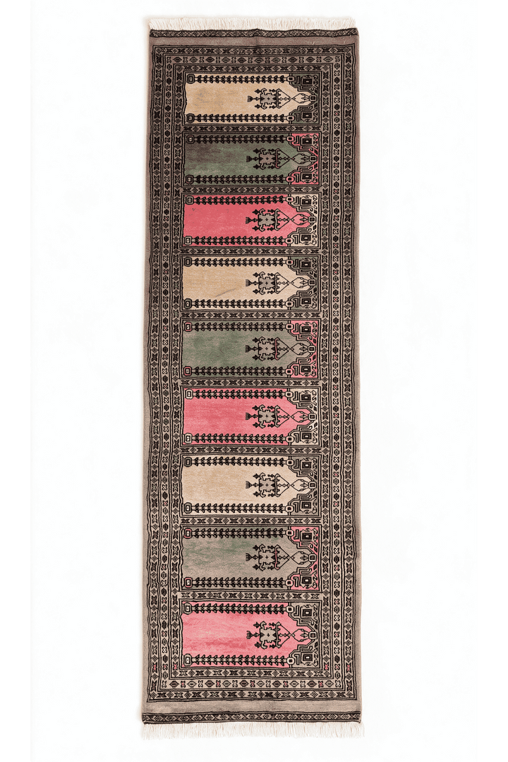 Taupe and pink three-colour saf rug, 62×190cm, entrance mat size
