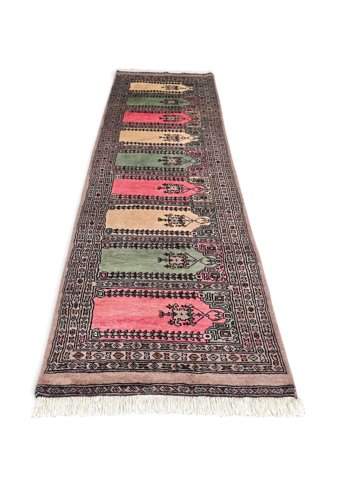Border detail of taupe pink saf hand-knotted Pakistani rug