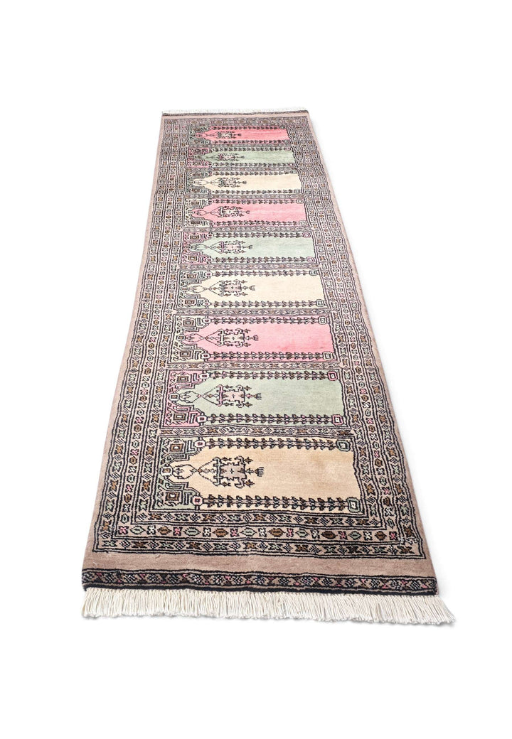 Hand-knotted wool pile of taupe pink saf rug, 62×190cm